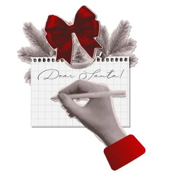 Dear Santa letter halftone collage concept. Girl writing letter to Santa Claus Stock Illustration