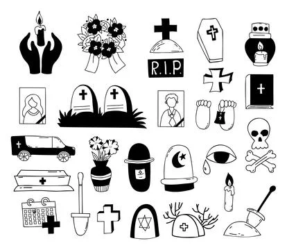 Death and funeral. Collection vector doodles. Grave, cross, cemetery, coffi.. Stock Illustration
