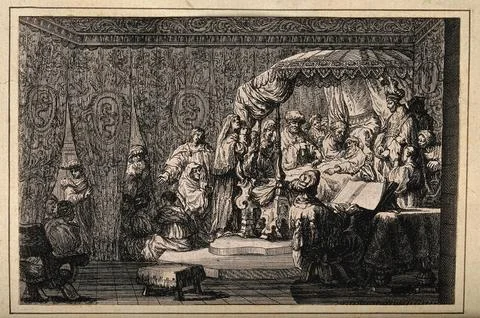 A death-bed scene of man being read his last rites surrounded by his family.. Stock Illustration