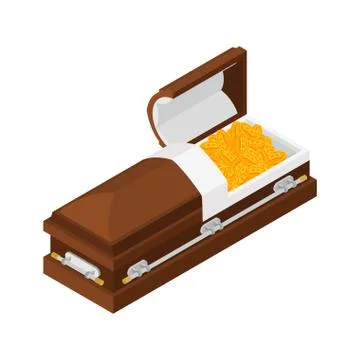 Death bitcoin in coffin. Rip cryptocurrency. Parting electronic money. Sorrow Illustrazione stock