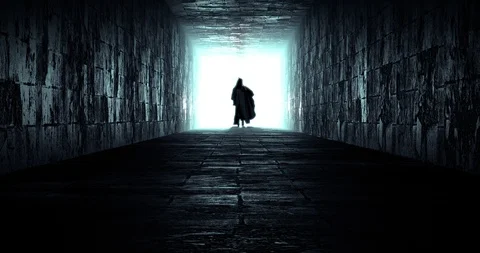 Death coming on the corridor in slow motion, 3D animation Stock Footage 129813616