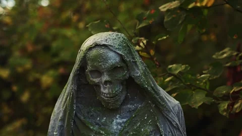 Death with the covered face skull, grim reaper, human skeleton covered in c.. Stock Footage 314613678