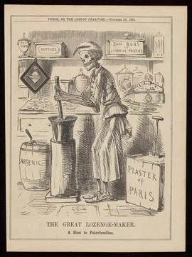 Death as a lethal confectioner making up sweets using arsenic and plaster o.. Illustrazione stock