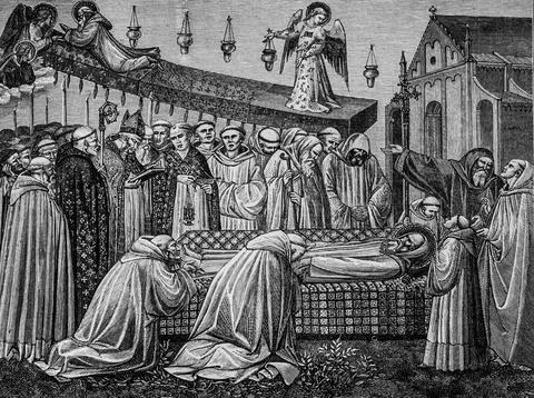 Death of Saint Benoit in his Abbey of Mont Cassin, History of the Church, Pub Stock Illustration
