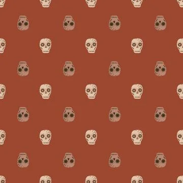 Death seamless pattern with beige colored skull elements. Brick colored backg 스톡 일러스트