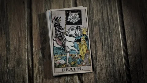 DEATH. Taro Deck Randomly Open card, Spooky Wind at Halloween Night, Danger Stock Footage 125731381