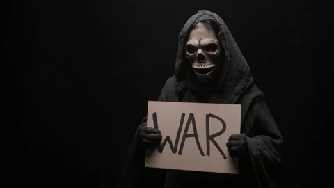 Death with war poster. Skeleton, skull, silhouette of a man in a black robe Stock Footage 255093569