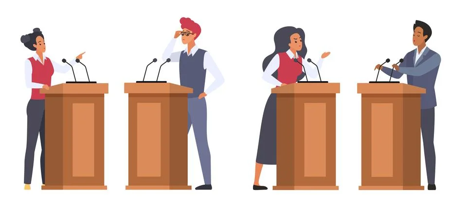 Debates between two speakers on rostrums set, male and female public politicians Stock Illustration