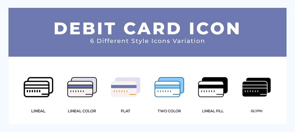 Debit card icon set with different styles. Icons designed in filled. outlin.. Stock Illustration