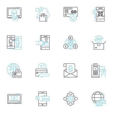 Debit card linear icons set. Transaction, Withdrawal, PIN, Balance, Deposit Illustrazione stock
