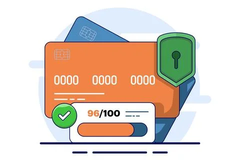 Debit card security. Detect bank card fraud. Illustrazione stock