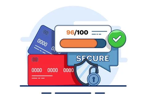 Debit card security. Detect bank card fraud. Illustrazione stock