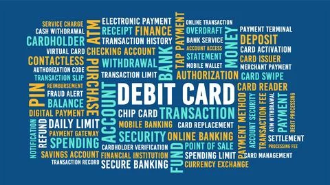 Debit card transaction word cloud, electronic payment and secure banking il.. Stock Illustration