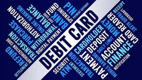 Debit card word cloud design, transaction and electronic payment system ill.. Stock Illustration