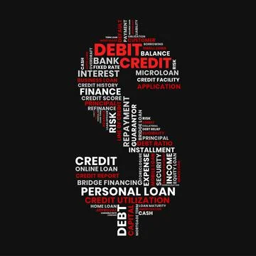 Debit credit loan word cloud shaped like a dollar sign, finance and risk il.. Stock Illustration