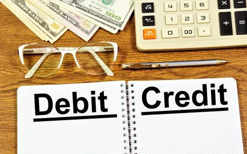 Debit credit. Text label in the working document. Stock Photos