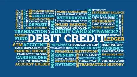 Debit credit word cloud, dark background banking and payment system illustr.. Stock Illustration