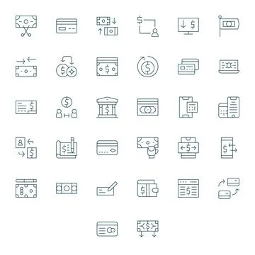 Debit Vector Icon Collection featuring 32 Pixel Aligned 128x128 Thin Line D.. Stock Illustration