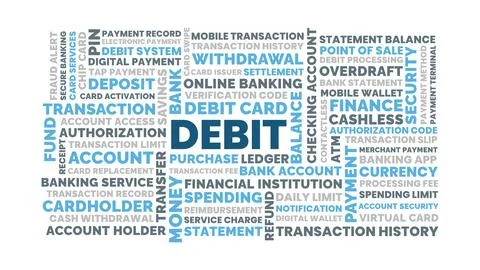Debit Word Cloud, Banking Transactions and Cashless Finance, Debit Card Ter.. 库存插图
