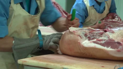 Deboning of beef carcasses by knife.mp4 Stock Footage 48945891
