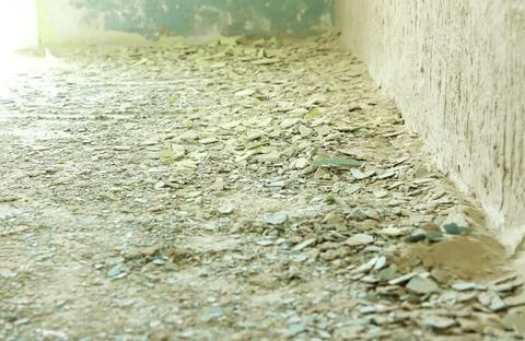 Debris and broken plaster on floor inside abandoned building. Ruined room s.. Stock Photos