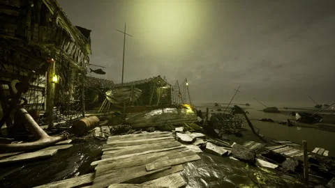Debris and broken structures reveal recent violent weather impact on village Vidéo 339800837