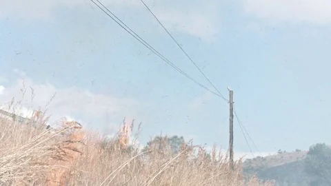 Debris being blown into the sky from over the top of a fire in tall grass Stock Footage 84028628