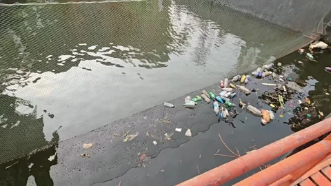 Debris Interception Net System trapping plastic bottles and floating garbage in  库存影片 344686833