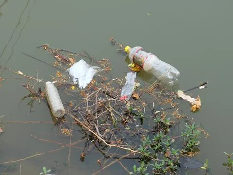 Debris in rivers pollutes waterways, causing polluted water. Stock Photos