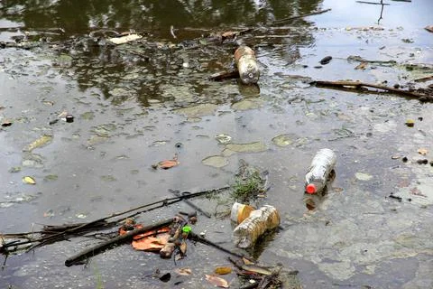Debris in rivers pollutes waterways, causing polluted water. Stock Photos