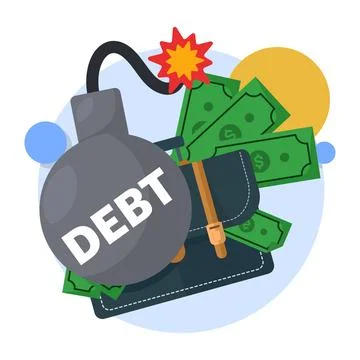 Debt concept. The exploding fireball of debt is like a financial time bomb. Stock Illustration