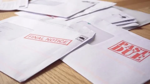 Debt Letters Piling Up with Bills Overdue, Past Due and Final Notice Red Writing Stock Footage