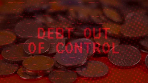 Debt Out of Control Red Glitch Text Over Coin Pile Stock Footage 336757643