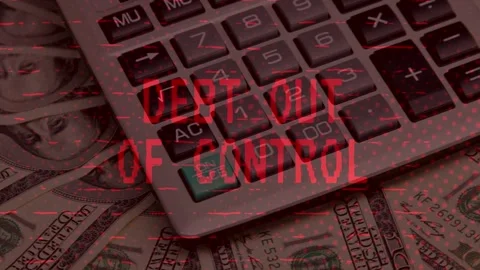 Debt Out of Control Warning Text Over Calculator and US Dollar Bills in Red Видео 336900962