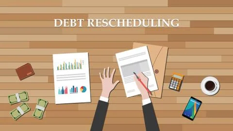 Debt rescheduling on the desk with graph money calculator smartphone vector Stock Illustration