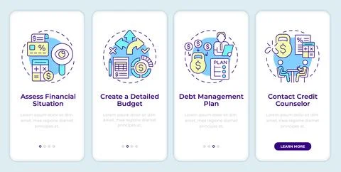 Debt restructuring process steps onboarding mobile app screen Illustration