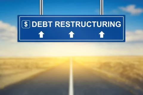 Debt restructuring words on blue road sign Stock Photos