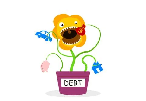 Debt Tree eatting your saving money and asset Stock Illustration