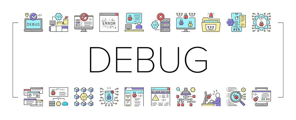 Debug Research And Fix Collection Icons Set Vector . 库存插图