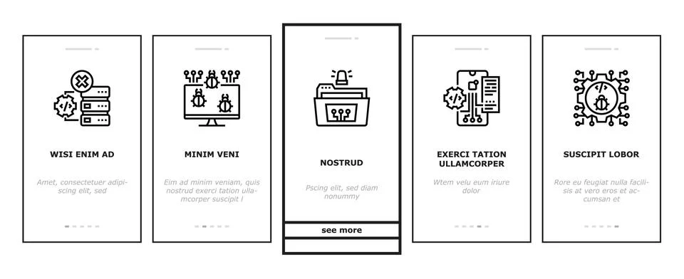 Debug Research And Fix Onboarding Icons Set Vector Stock Illustration