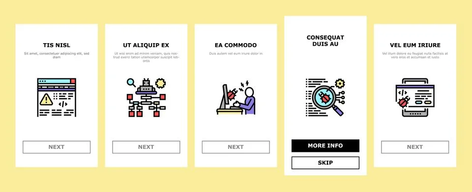 Debug Research And Fix Onboarding Icons Set Vector Stockillustratie