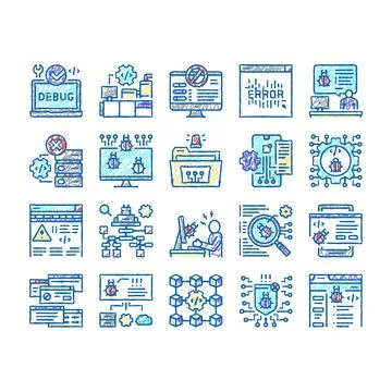 Debug Research And Fix set Icons hand drawn Stock Illustration