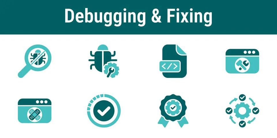 Debugging And Fixing Workflow Icons Set 库存插图