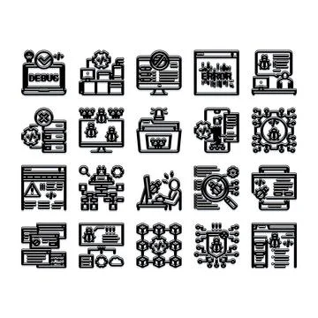 Debugging and software development process icons set Stock Illustration