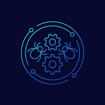 Debugging and testing line icon with bugs, vector Stock Illustration