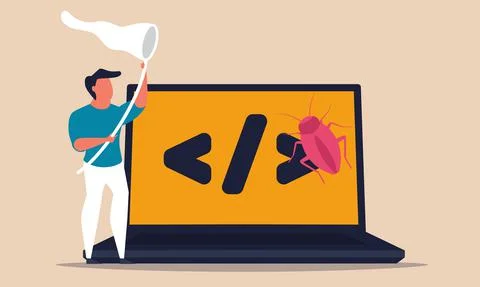 Debugging code software and search bug error from screen laptop. Source datum Stock Illustration