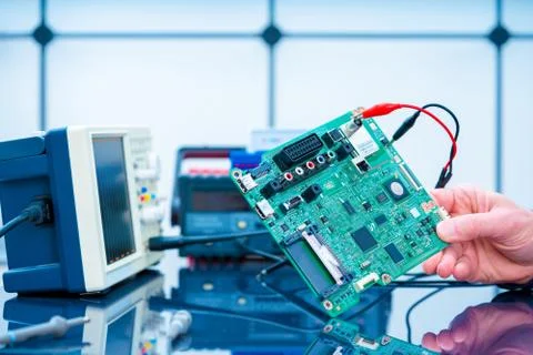 Debugging electronics device. PCB witch microcontroller in electronics labora Stock Photos