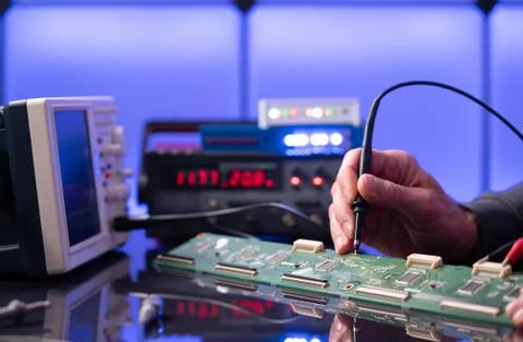Debugging electronics device. PCB witch microcontroller in electronics labora Stock Photos
