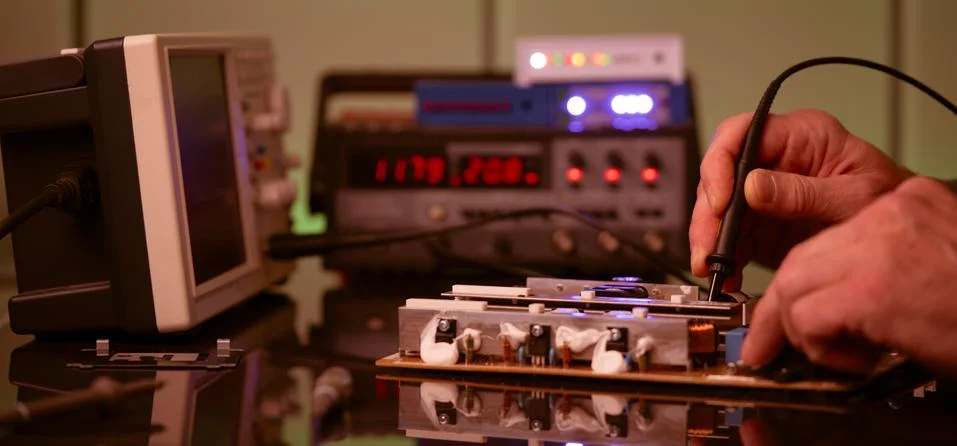 Debugging electronics device. PCB witch microcontroller in electronics labora Stock Photos