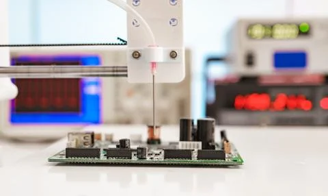 Debugging electronics device. PCB witch microcontroller in electronics Stock Photos